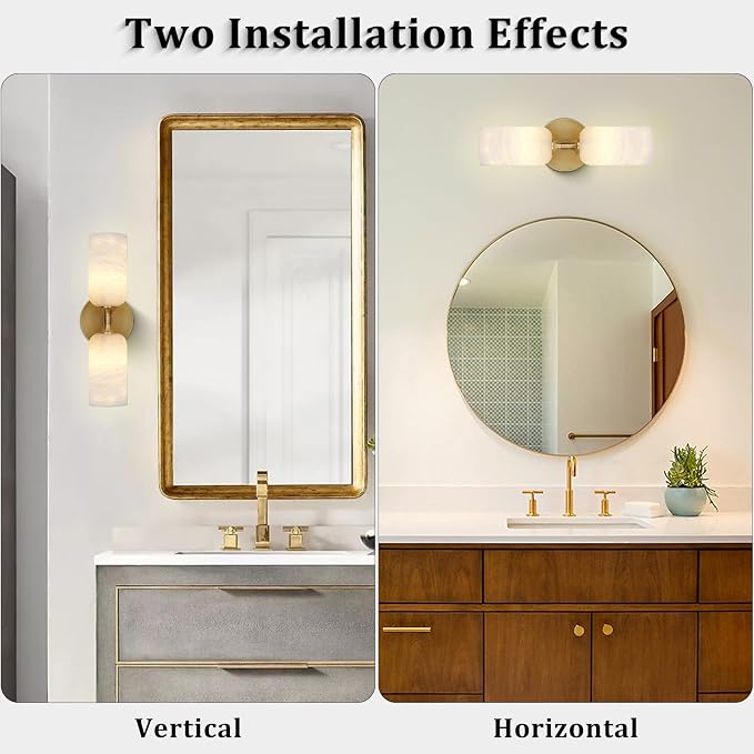 Alabaster Wall Sconces, 14" Modern Spanish Natural Marble Vanity Light, Dimmable Hardwired Brass Gold Wall Sconce Lighting for Bathroom Mirror, Bedroom, Living Room, Luxury Stone Wall Fixtures (1 Pcs)