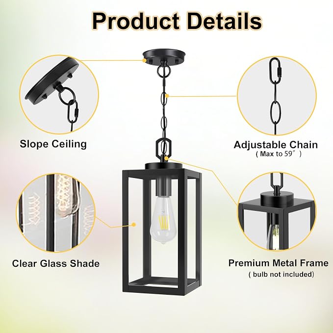 13" Outdoor Pendant Light for Porch - Farmhouse Exterior Hanging Lantern with Clear Glass,Weatherproof for Entryway, Doorway, Patio, Garden, and Outdoor Spaces