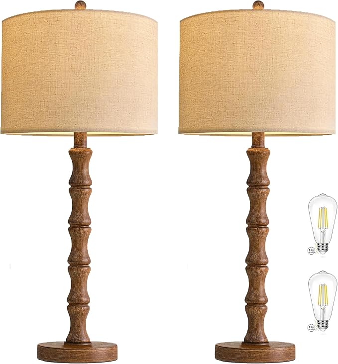 ILLMTW Wood Table Lamp Set of 2,Vintage Buffet Lamps Mid Century Bedside Lamp Wooden Nightstand Lamp Farmhouse Retro Side Tall Table Lamp Rustic Boho for Bedroom Living Room