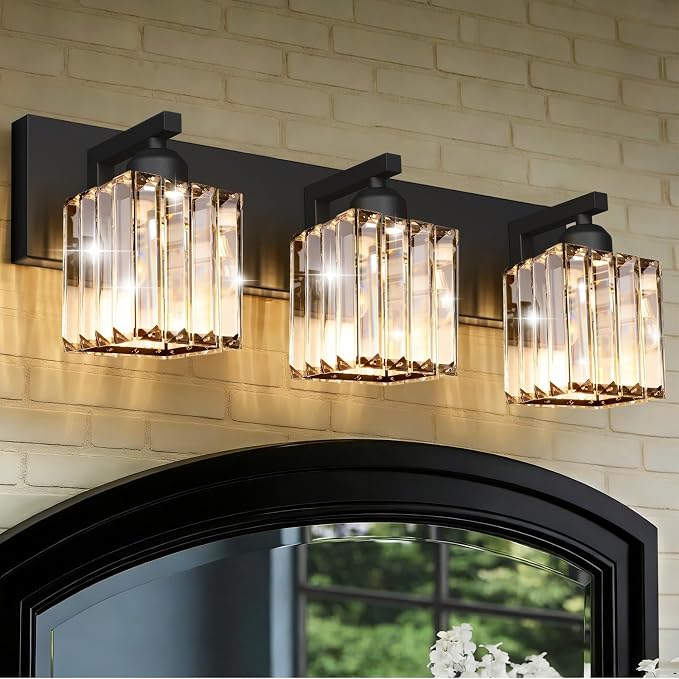 Black Crystal Bathroom Vanity Light, 3-Light Modern Bathroom Lighting Fixtures Over Mirror, Matte Black Wall Sconce Light Fixtures with Square Shade