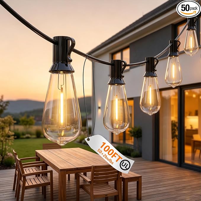 Oviejo 100FT LED Outdoor String Lights,Waterproof Edison String Lights with 52 ST40 LED Bulbs,E17 Base, for Deck,Outside,Backyard,House,Indoor/Outdoor Decor