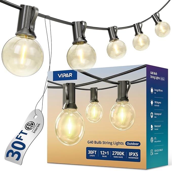 VIPAR Outdoor String Lights,30FT 13 G40 Patio Lights Waterproof for Balcony | ETL,Vintage LED Globe Bulbs,Connectable, Shatterproof,Waterproof,2700KDimmable,Plug-in,for Backyard Porch Garden Bistro