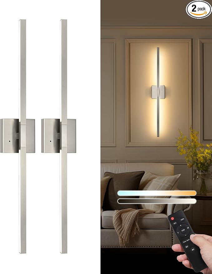 Rayogale Nickel Battery Operated Wall Sconces Set of 2, 24 Inch | 3000/4500/6000K Dimmable 8000mAh Wireless Rechargeable Wall Sconces with Remote Control, Timer for Living Room, Bedroom