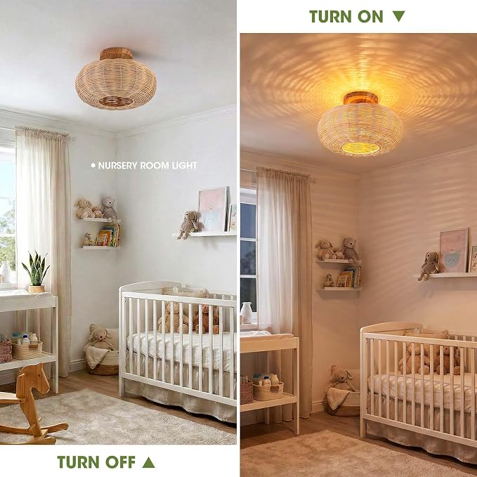 Rattan Ceiling Light Fixtures,Boho Chandelier Small Flush Mount Ceiling Light,12'' Handwoven Ceiling Lamps,Wooden Rattan Lampshade,Rustic Boho Ceiling Light for Bedroom,Hallway,Nursery,Farmhouse