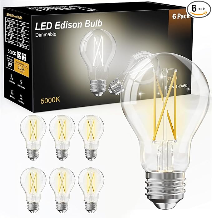 dalattin 6 Pack A19 Vintage LED Edison Bulbs, Dimmable, 60W Equivalent, High Brightness 5000K Daylight, Ultra-Bright, 7W E26 Standard Base, 800 Lumens, CRI80+, Clear Glass Filament Bulb for Home