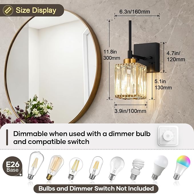 [Hardwired] Bathroom Wall Sconces Set of Two Bathroom Light Fixtures | Hardwired, Premium Crystal, Black and Gold Superior Durable Metal, Wall Lights for Living Room Bathroom Hallway Bedroom