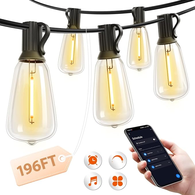 addlon 196(49FT*4) Outdoor String Lights with APP LED Edison Waterproof | Plastic ST38 Shatterproof Bulbs, Smart Extra Long Lighting, Hanging for Patio Outside Backyard Pergola Bistro Porch Garden