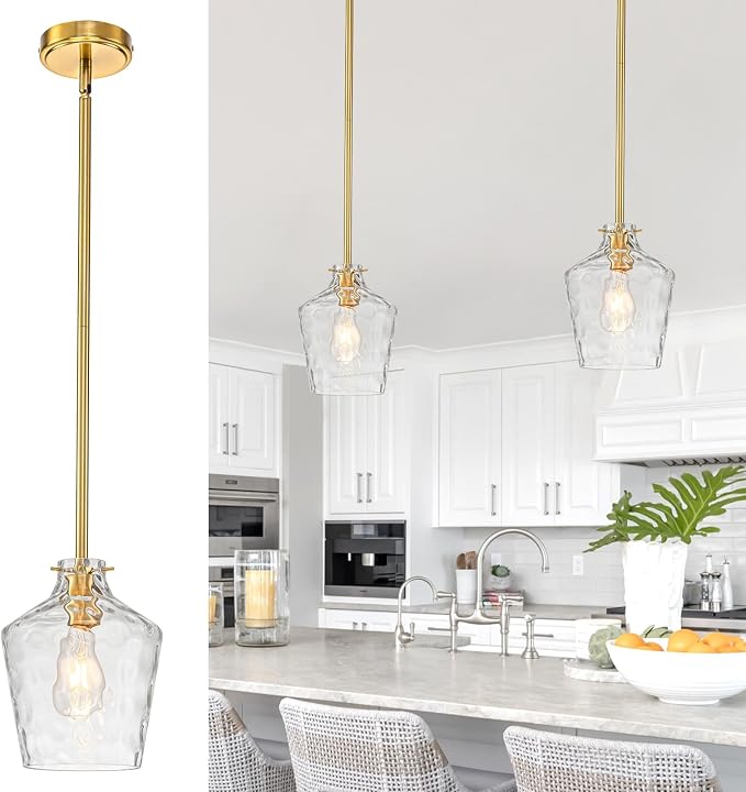 foucasal Modern Hammered Glass Pendant Lighting for Kitchen Island, Adjustable Height Rods Hanging Light with Ceramic E26 Light Socket for Dining Room Foyer Bedroom Bathroom Gold