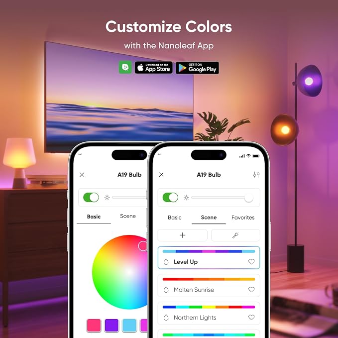 Nanoleaf Essentials Smart Light Bulbs, Matter LED Bulbs A19 E26 60W 2PK | Work with Alexa & Google Home, WiFi Lighting Bulbs with 16M+ RGBTW Color Changing, Music Sync, 1000lm