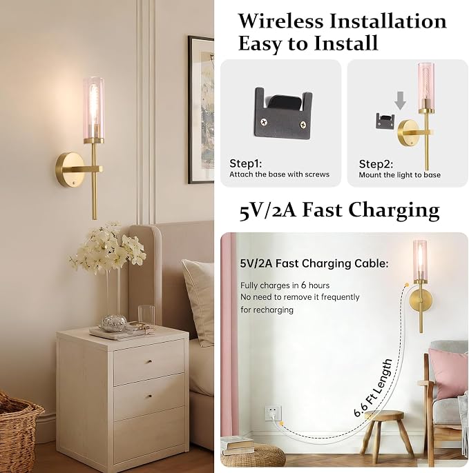 Shenmoyl Battery Operated Wall Sconces Set of 2, Gold Rechargeable Wall Lighting Fixtures, Dimmable Wall Lights with Remote & Pink Glass Shade for Living Room, Bathroom,Bedroom