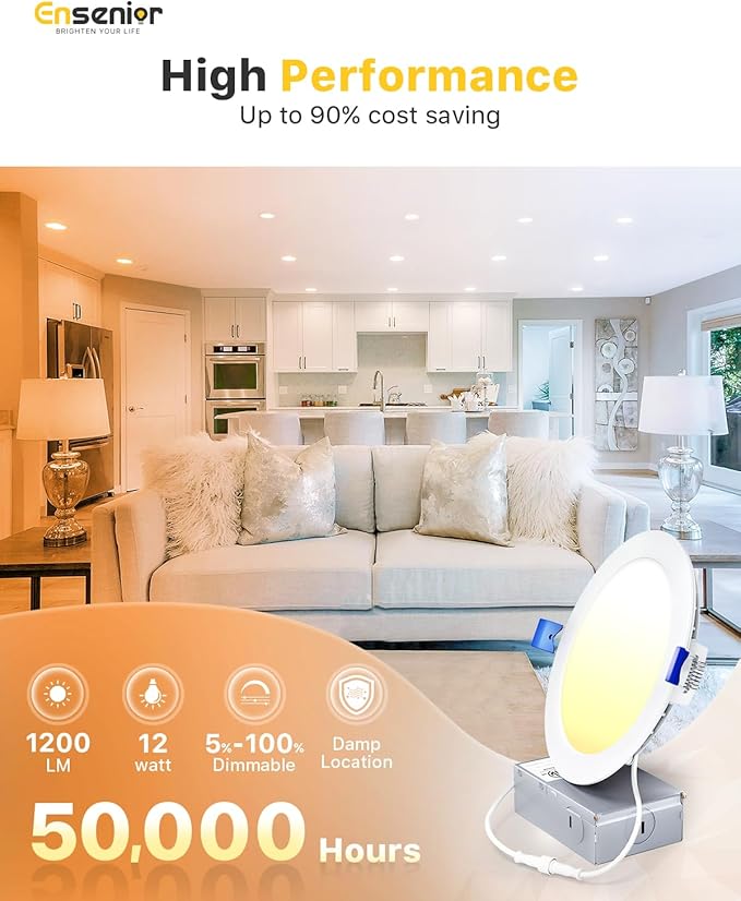 Ensenior 24 Pack 6 Inch LED Recessed Ceiling Light, Dimmable, 5000K Daylight, 1050LM 12W 120V, High Brightness Canless Wafer Downlight - ETL&FCC&IC