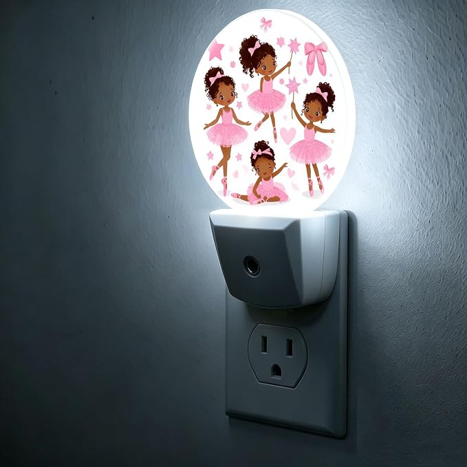 Night Lights Plug into Wall Cute Ballet Girls Cartoon Nightlight Round Lamp | Pink Plug in Night Lights for Wall Socket with Dusk-to-Dawn Sensor for Bedroom, Bathroom and Living Room
