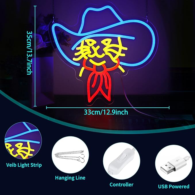 Cat Neon Sign LED Neon Signs for Wall Decor Cowboy Hat Cat Light Neon Signs for Room Home Party Birthday Bar Beer Signs for Man Cave - LED Neon USB Powered