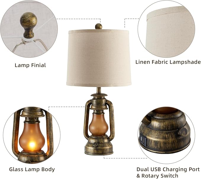 RORIANO Set of 2 Farmhouse Lantern Table Lamps for Living Room with 2 USB Charging Ports, Rustic Vintage Nightstand Lamps with Nightlight for Bedroom End Table Entryway, 4 Bulb Included