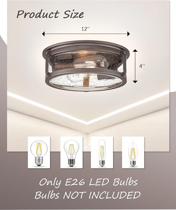 Vintage Oil-Rubbed Bronze Flush Mount Ceiling Light | 2-Light Ceiling Light with Metal Frame & Seeded Glass, Rustic Close to Ceiling Lighting for Hallway, Bedroom , Foyer