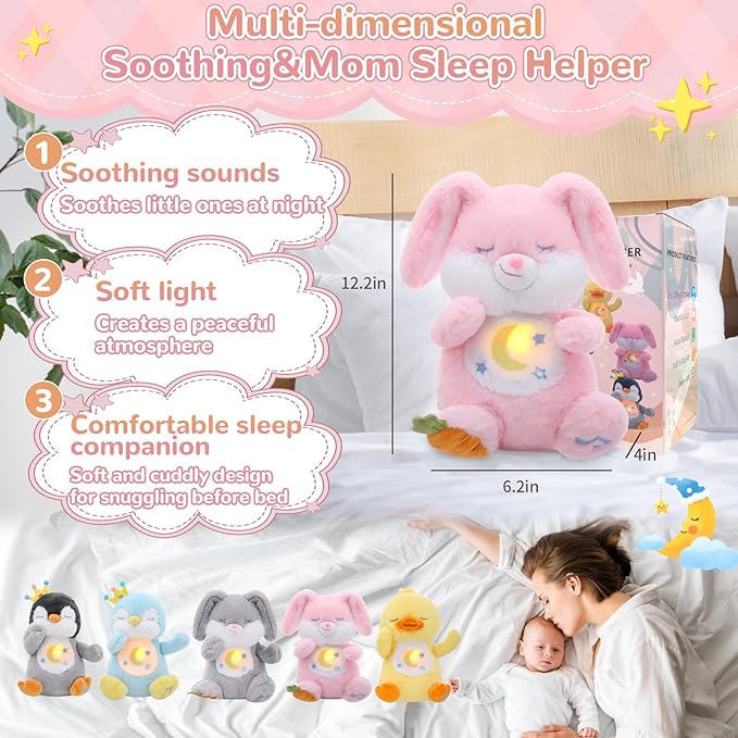 Breathing Stuffed Animal, Soothe Snuggle Pink Easter Bunny Stuffed Animal for Anxiety Adults and Kids, Volume Control Soothing Bunny Plush with Realistic Breathing and Lights, Easter Basket Stuffers