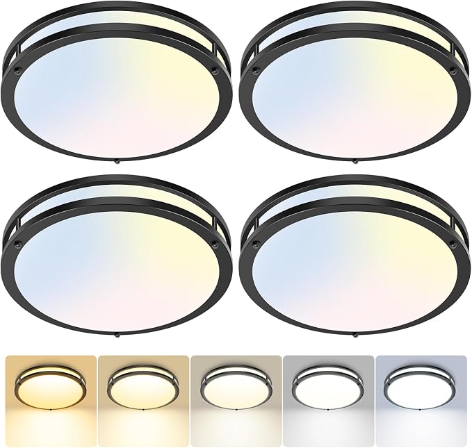 hepside 4 Pack Flush Mount Ceiling Light Fixture, Dimmable & 5 Color Temperature Ceiling Light Black, 13inch 24W 3000K 3500K 4000K 5000K 6500K Adjustable Ceiling Lamps for Bathroom Bedroom Hallway
