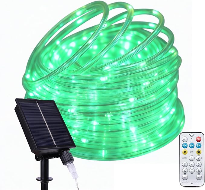 Vigdur 66FT Solar Rope Lights Outdoor - 200 LEDs Green Rope Lights Outdoor Waterproof with Remote & Timer & 8 Lighting Modes, Solar Trampoline Light for Pool Tree Garden Yard Home Camping