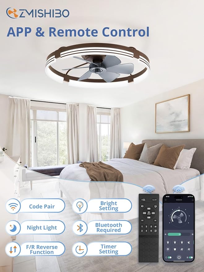 ZMISHIBO Low Profile Ceiling Fans with Lights and Remote, 24" Brown | 3000K-6000K Dimmable Fandelier LED, Flush Mount, 6 Wind Speeds, Reversible, Timer, Bedroom, Living Room, Kitchen, Kids Room