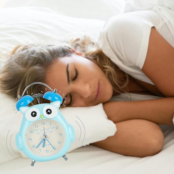 Aisi Kids Alarm Clock Cute Cartoon Owl Loud Bell Alarm Clock Non-Ticking Desk Clock with Night Light, Blue, nz-06336-04S