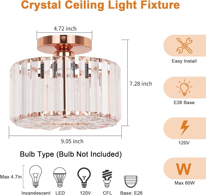 FRIDEKO HOME Crystal Ceiling Light - Small Crystal Chandelier Semi Flush Mount Ceiling Light Fixture Modern Lights for Hallway Bathroom Kitchen Entryway (9.05 Inch, Bulb not Included)