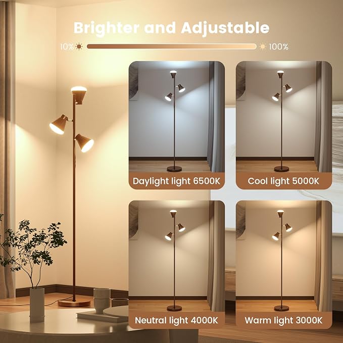 36W LED Tree Floor Lamp, Dimmable Tall Standing Lamp with Remote & Touch Control, 4 Color Temperatures Bright Floor Lamp, 3 Rotatable Light Modern Floor Lamps