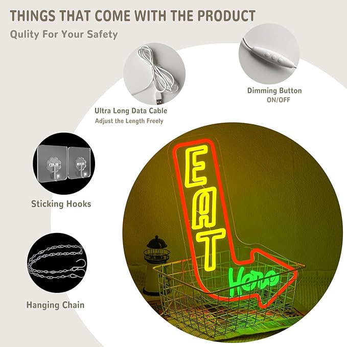 Eat Here Neon Sign for Wall Decor Kitchen Neon Light Colorful LED Neon Signs Arrow Led Neon lights for Restaurant Kitchen Living Room Decoration