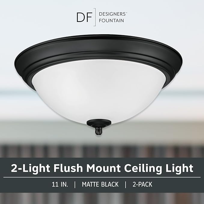 Designers Fountain Flush Mount Ceiling Light, 11 Inch Frosted Glass Lighting Fixture for Kitchen, Bedroom, Bathroom, and Hallway, LED Bulbs Not Included, Matte Black