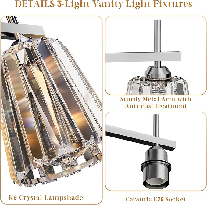 Crystal Bathroom Light Fixtures Over Mirror, Chrome 3-Light Bathroom Vanity Lights Over Mirror Modern Wall Lighting Sconces with Ceramic E26 Base (Bulbs Not Include)