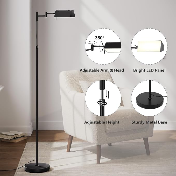 SUNMORY Dimmable LED Pharmacy Floor Lamps, 16W/1500LM Bright Reading Lamp | Remote Touch Control, 350°Swing Arm, Adjustable Height, Task Craft Tall Standing Light for Living Room Bedroom Office, Black