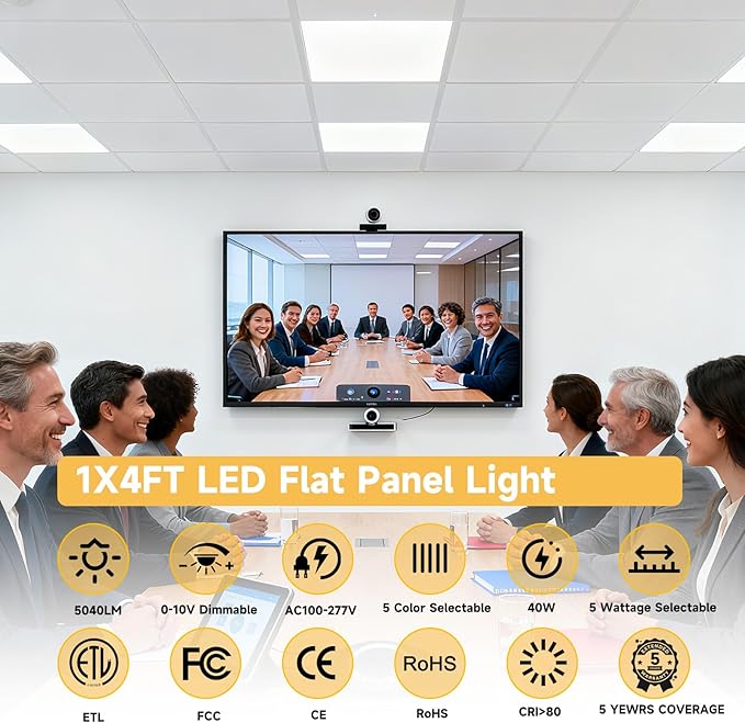 6 Pack 1x4 LED Flat Panel Light Drop Ceiling Office Fixture,Surface Mount Drop Ceiling Fixture,5040LM, 20W/25W/30W/35W/40W Selectable,3000K/3500K/4000K/5000K/6500K 5CCT,Dimmable (0-10V),ETL Listed