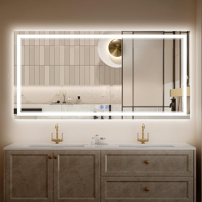 28"x60" LED Bathroom Mirror with Lights, Anti-Fog, Backlit + Front Lit, Dimmable, Led Vanity Mirror for Wall, Lighted Bathroom Mirror, 3 Colors, Shatter-Proof Tempered Glass