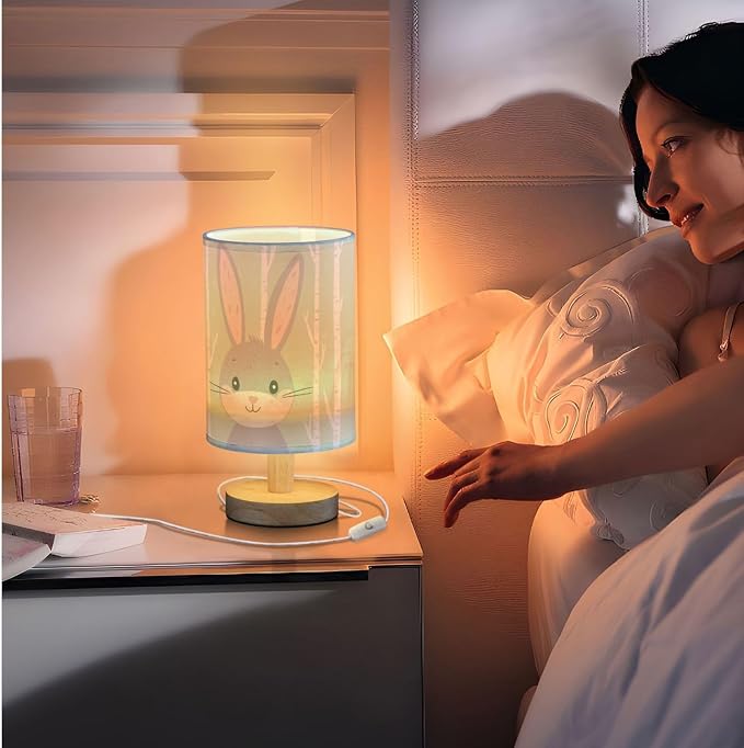 Cute Gray Rabbit in Forest Light Green Bedside Table Lamps with USB Port for Bedroom LampSmall Nightstand Lamp Sturdy Linen Shade Wooden Base Decorative Lamps for Nursery Kids Reading Dorm Home