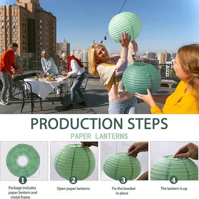 Paper Lanterns Party Decorations 15pcs - Sage Green Dark Green Gold White Round Hanging Decor for Rustic Wedding Graduation Bridal Shower Birthday Baby, Large Assorted Sizes 4-12 Inch
