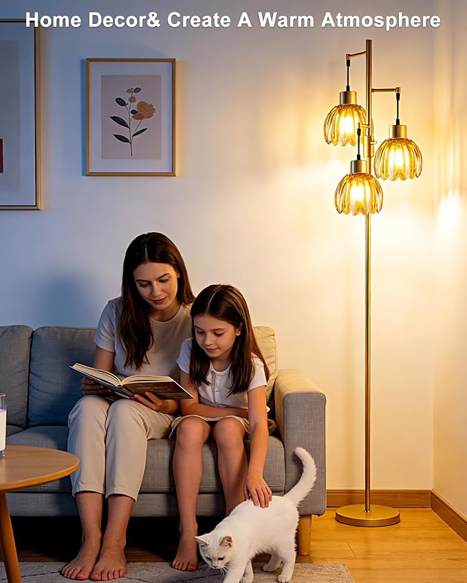 Lightdot 65'' Glass Floor Lamp Dimmable Gold with Brown Lotus Glass Shade & 3000K Bulbs Included 3-Lights Modern Tall Standing Lamp with 5Lbs Heavy Base for Living Room/Bedroom/Sofa/Corner Decor