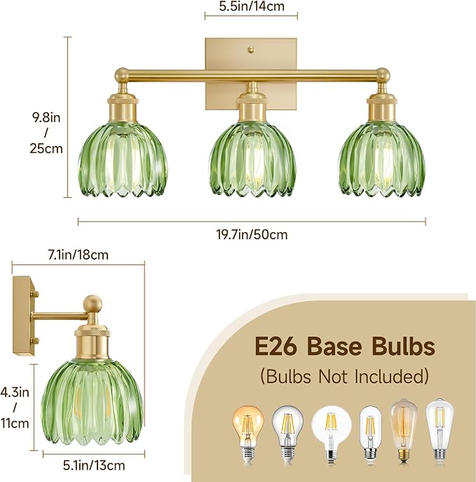 Bathroom Light Fixtures Over Mirror,3 Light Vintage Bathroom Vanity Lights,20 in Brushed Brass Antique Vanity Light with Green Tulip Glass Shade for Bedroom, Living Room, Foyer,E26 Base