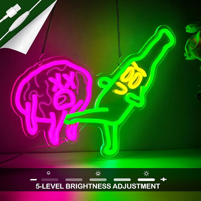 Funny Beer Neon Sign for Bar Man Cave Wall Decor Novelty LED Light | USB Powered Dimmable Funny Beer Neon Sign with Beer Kicking Brain Artwork for Bar Pub Man Cave Game Room Garage Decor