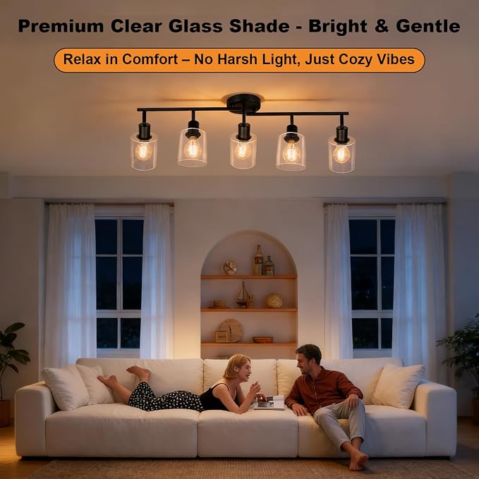 HiBay 5-Light Black Track Lighting Fixture Ceiling Flexible Glass Spotlight | Multi Directional & Foldable, Modern Farmhouse Industrial, for Kitchen, Living Room, Home Office, E26 Base