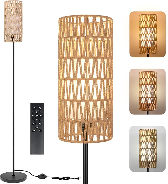 Ruiever Floor Lamp for Living Room,Farmhouse Floor lamp,Modern Standing lamp with Hand-Worked Rattan Shade (Double Shade-with Remote)