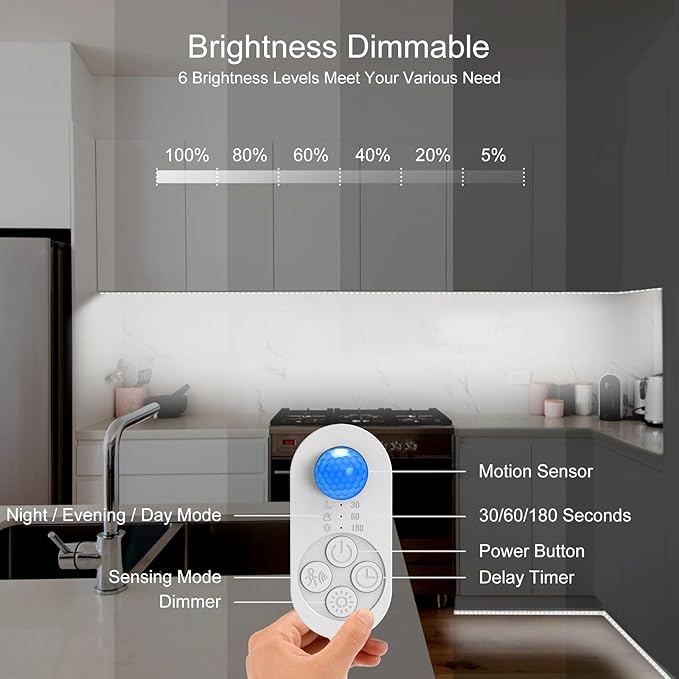 Motion Sensor LED Light Strip, Plug-in Under Cabinet Lights with Dimmer, Delay Timer for Kitchen Cabinet, Pantry, Laundry, Bedroom, Stairway