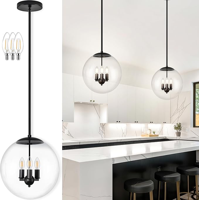 14" Globe Pendant Light 3-Light Black Mid Century Pendant Light Clear Glass Lights Kitchen Island Mid Century Adjustable Hanging Farmhouse Globe Fixtures for Living Room Lobby