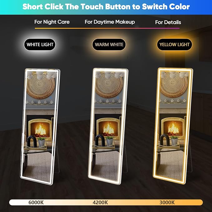 DUMOS 21"x 64" LED Full Length Mirror with Lights, Lighted Floor Full Body Mirrors with 3 Color Lighting, Wall Mounted Stand Mirror for Bedroom, Dressing Room, Living Room, Bathroom