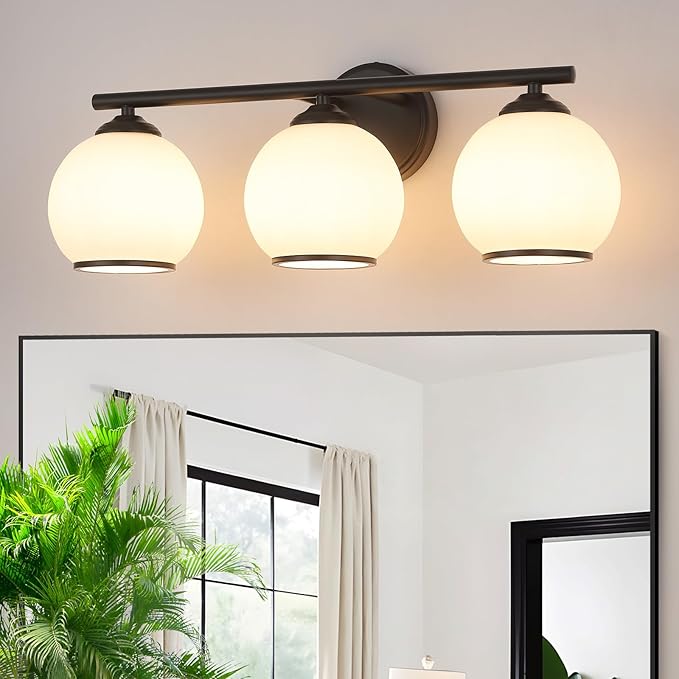 Milk Glass Bathroom Vanity Light Over Mirror, 3 Light Matte Black Bathroom Light Fixtures with Frosted Globe Glass Shade, Modern Vanity Lighting Wall Mounted
