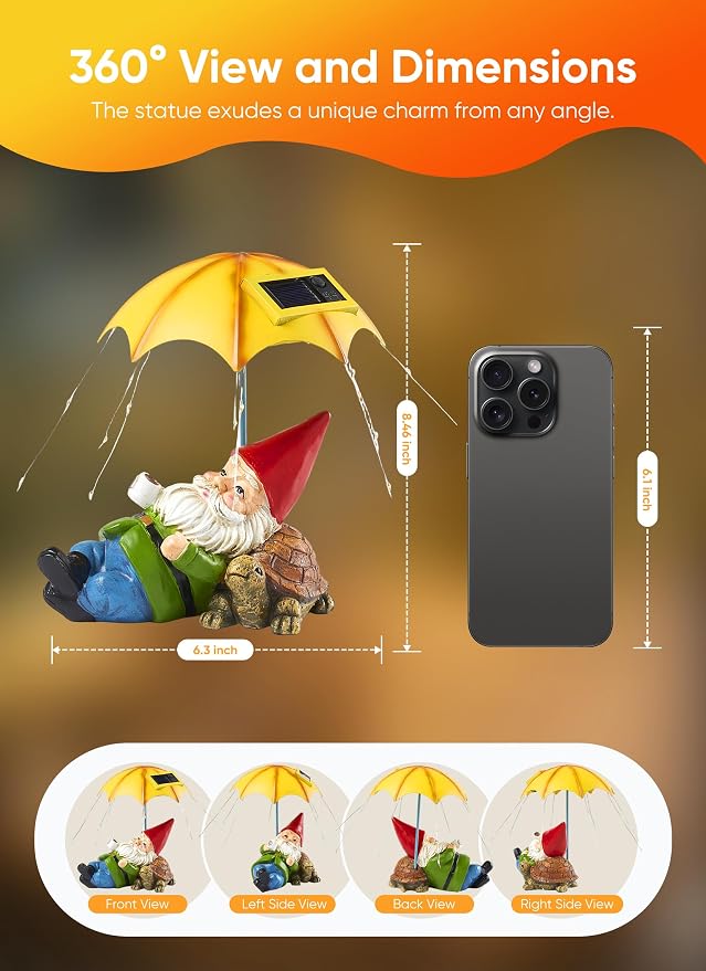 Brightown Solar Garden Decor Gnome Statue Light with 32 LED Lights, Gnome with Umbrella, Hand-Painted Resin, IP65 Waterproof Outdoor Decor for Patio, Balcony & Yard Decorations, Unique for Mom