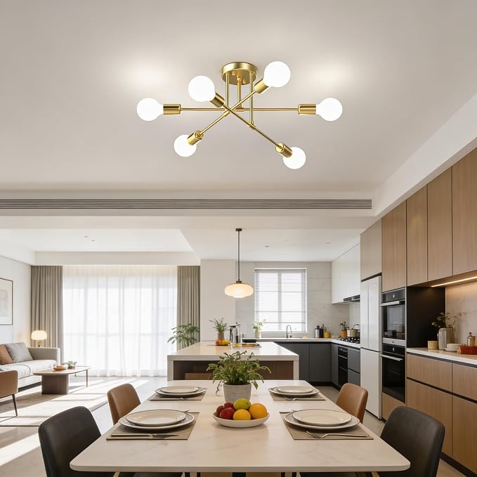 Modern Sputnik Chandelier Ceiling Light Fixtures, 6-Lights 22” Mid Century Industrial Metal Semi Flush Mount for Dining Room, Bedroom, Living Room-Brushed Gold