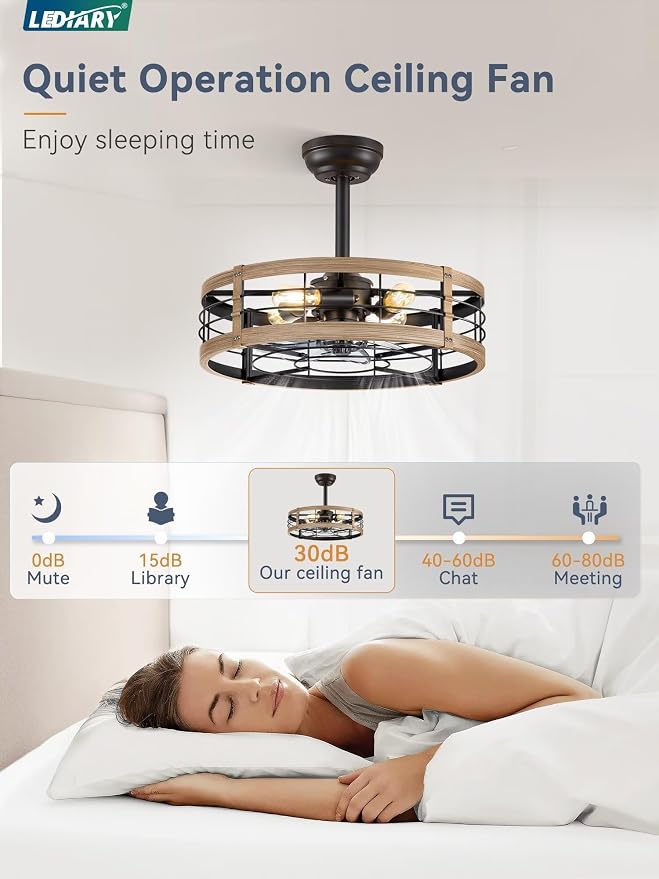 LEDIARY 20 inch Fandelier Caged Ceiling Fan with Light and Remote, Brown | 6 Speed Adjustable,Timing, Quiet & Powerful DC, Small, Farmhouse, Industrial, Enclosed, Bladeless, Bedroom, Kitchen, Downrod