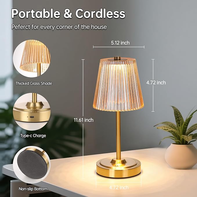 Shenmoyl Set of 2 Cordless Touch Table Lamp with 5200mAh Battery - 3 Adjustable Color Temperatures & Dimmable, Rechargeable Lamp for Bedsides, Living Room, Entryway, Bookshelves (Amber Stripe)