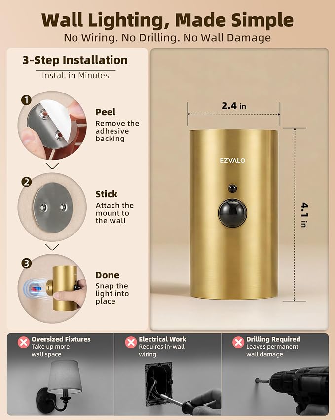 EZVALO Motion Sensor Wall Sconces with Remote, Rechargeable Battery Operated 4000mAh Wall Lights, 3 Color Temperatures & 12 RGB, Wireless LED Lighting for Hallway, Living Room (Brushed Gold, 2 Pack)
