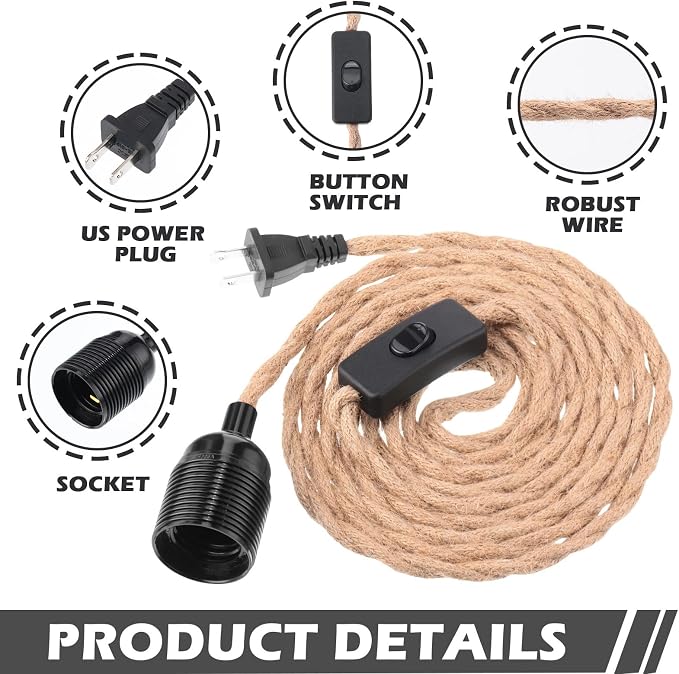10 Pcs 10ft Pendant Light Cords Kit with Switch Rope Cord Fixtures Hanging Vintage Lamp with Plug Twisted Nylon Pendant Lamp Extension E26 E27 for Farmhouse Industrial Home DIY Decoration