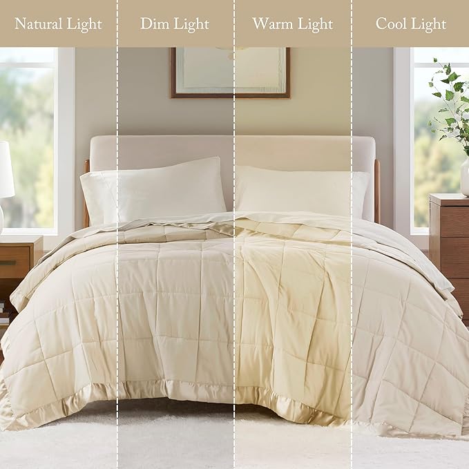 Madison Park Windom Down Alternative Blanket, Premium 3M Scotchgard Moisture Wicking Treatment, Lightweight and Soft Bed Cover For All Season, Satin Trim, Cream Full/Queen